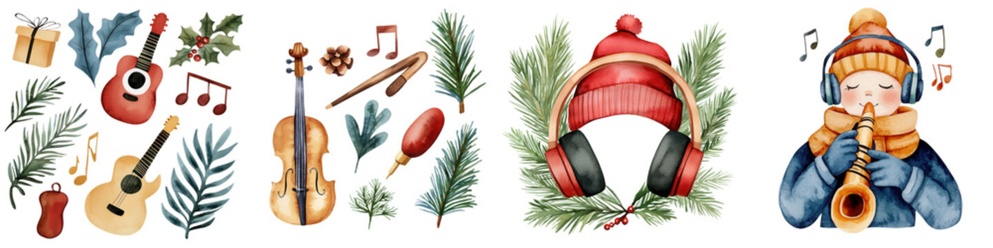 Colorful music-themed holiday illustrations with instruments and festive elements on a white background. transparent background