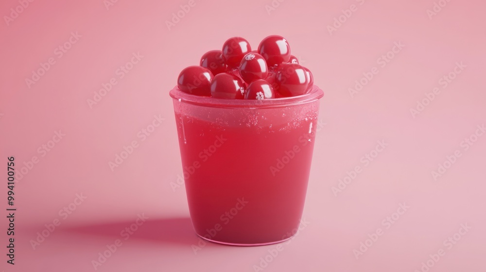 Canvas Prints A vibrant cup filled with cherry-flavored drink and topped with cherries, set against a pink background.