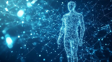 Digital Human Figure in Futuristic Network, Abstract Artificial Intelligence, Technology, Connections, Blue Light, Data, Generated AI