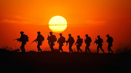 Fototapeta premium Group of Soldiers Marching on Battlefield at Sunset, Military Combat, Warfare, Defense, Armed Forces and War Scene, Generated AI