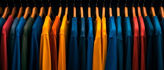 A row of colorful t-shirts hanging on wooden hangers against a dark background. The shirts are in various vibrant colors including blue, yellow, red, and orange, Generative AI