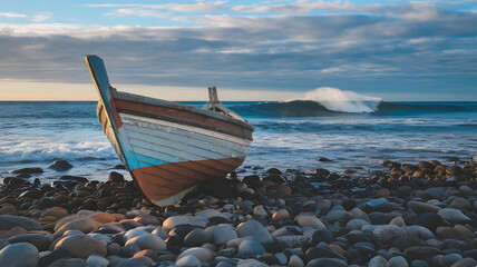 Abandoned Boat on a Rocky Beach with Waves Crashing in the Background