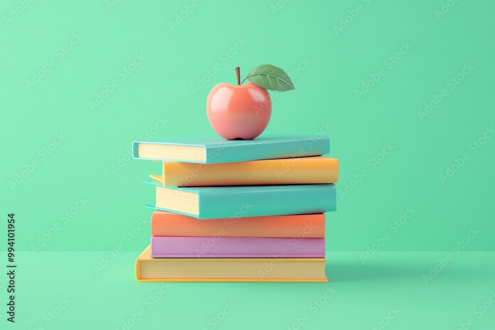 Sticker A stack of colorful books topped with a pink apple against a mint green background.