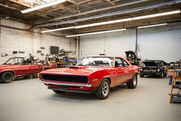 Fototapeta premium Gritty rustic chic car repair shop overflowing with an array of unique one of a kind vehicles undergoing custom modifications the space accented by exposed brick metal and a moody
