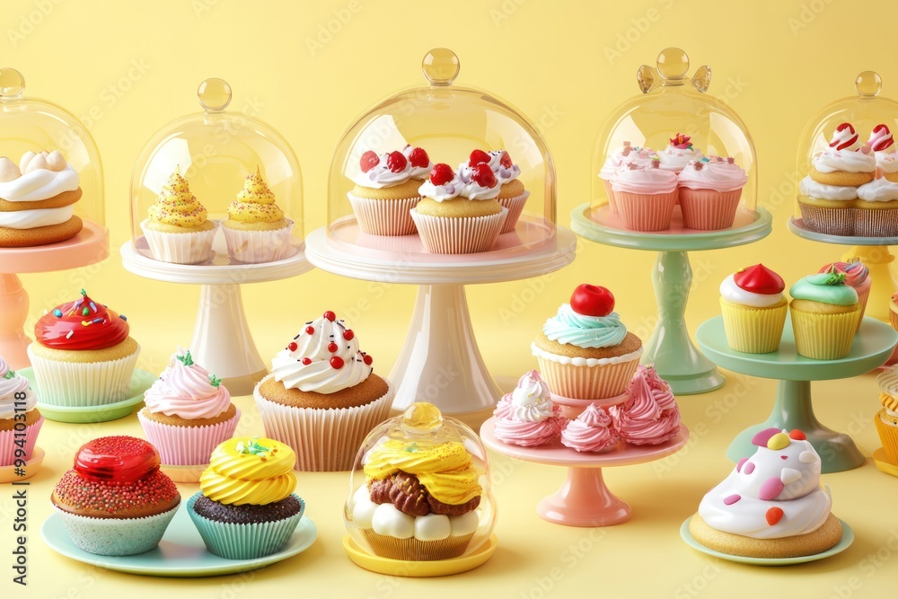 Canvas Prints A colorful display of various cupcakes under glass domes on pastel pedestals.