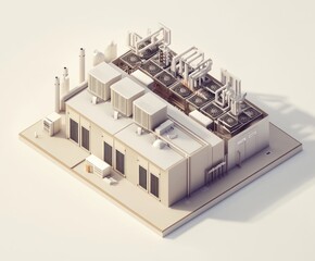 A detailed isometric view of an industrial facility with cooling units and pipes.