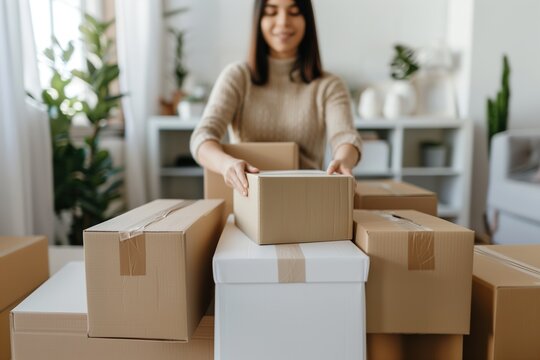 Smiling woman organizing and stacking cardboard boxes in a bright, plant-filled living space, preparing for a move or decluttering her home with a focus on minimalism and efficiency