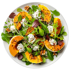 Fresh pumpkin salad with goat cheese, arugula, and walnuts, isolated on transparent background, perfect for healthy seasonal recipes