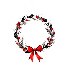 Fototapeta premium Elegant Christmas wreath design featuring red berries and green foliage with a red bow, on a white background