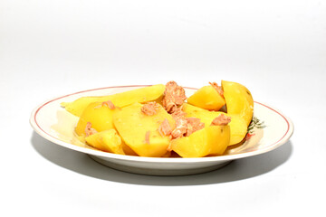 Fried potatoes with meat are on a plate.