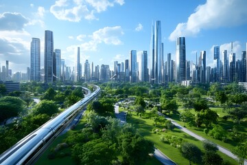 Fototapeta premium Stunning cinematic vision of a sleek futuristic city powered by renewable solar and wind energy with gleaming chrome and glass skyscrapers elevated monorails