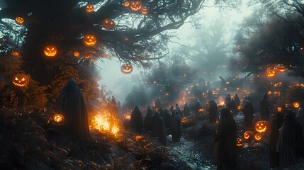 Fototapeta premium Teens gathered around a Halloween-themed campfire, surrounded by eerie decorations like jack-o'-lanterns, skeletons, and floating ghost figures, firelight creating eerie shadows,