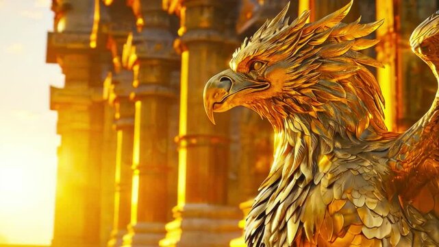 Majestic mythical creature Griffin guards ancient temple