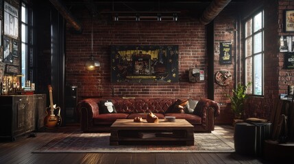 Cozy industrial living room with brick walls, vintage decor, and warm lighting.