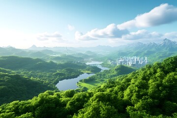 Obraz premium Sustainable Futuristic Ecosystem with Advanced Renewable Energy and Smart Infrastructure in Vibrant Urban Cityscape