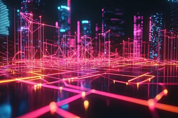 Fototapeta premium Glowing neon network in futuristic cityscape - digital connectivity concept.