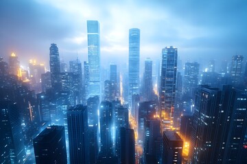 Obraz premium Futuristic Cityscape with Towering Glass and Steel Skyscrapers in a Captivating Night Skyline