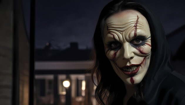 There is a psychopathic killer in a Demon mask standing in front of the house