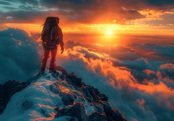 Fototapeta premium Friends Climbing a Cliff at Sunrise - Dramatic Sky and Clouds on a Mountain Adventure. Generative AI.
