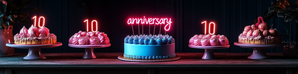 A vibrant anniversary celebration featuring three pink and blue cakes with '10' candles and neon signage for a joyous event.