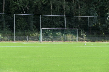 image of a soccer goal in a lush green field surrounded by trees in summer