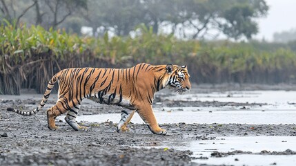 Obraz premium A majestic Bengal tiger prowling along the riverbank in a misty landscape.