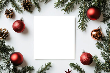 A festive arrangement featuring red ornaments and pine branches surrounding a blank square, perfect for a holiday design or greeting.