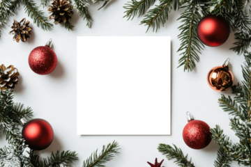 A festive arrangement featuring red ornaments and pine branches surrounding a blank square, perfect for a holiday design or greeting.