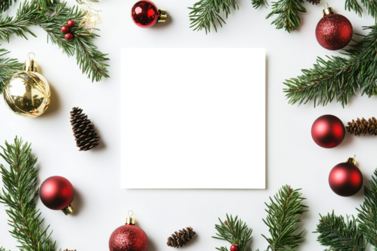 A festive arrangement of Christmas ornaments, pinecones, and greenery surrounds a blank square space, perfect for adding your own message or design.