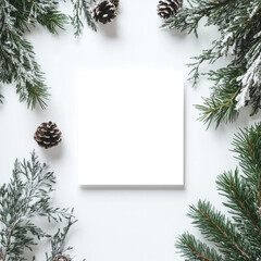 Fototapeta premium A minimalist design featuring a square surrounded by evergreen branches and pine cones, creating a festive winter atmosphere.