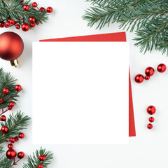 A festive arrangement with red decorations, pine branches, and an empty space for personalization, perfect for holiday cards or invitations.