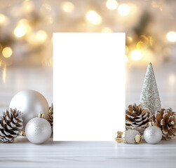 A festive scene featuring a  placeholder surrounded by Christmas decorations, including ornaments, pine cones, and a small tree, against a blurred light background.