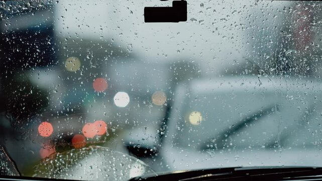 Defocused of raindrops on a rear car window and cleaned by car wipers with bokeh background