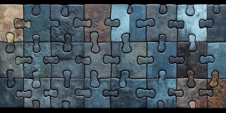 A  collection of interlocking puzzle pieces with a stone-like texture and a range of blue, grey, and brown hues