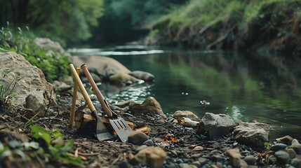 Obraz premium Tools for a campfire and a garden hoe next to a calm river