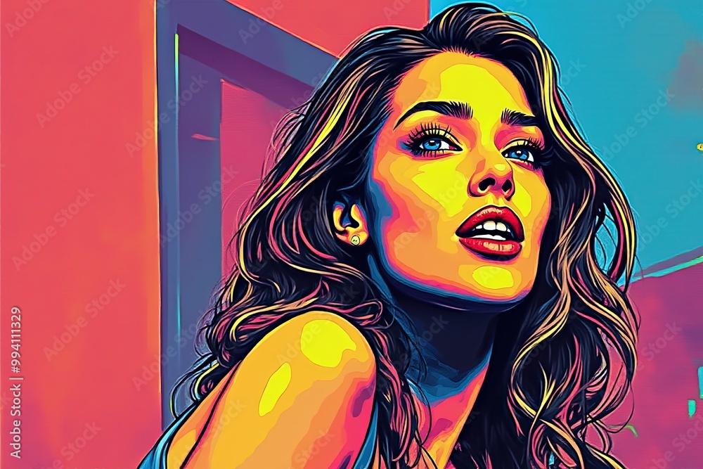 Poster Vibrant pop art portrait of a woman with bold colors and expressive pose.