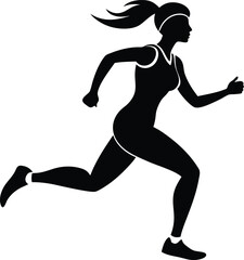 A Woman running silhouette vector art illustration design black color, young femal running and gymnastic silhouette