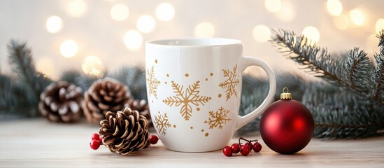 Fototapeta premium White Mug with Golden Snowflakes Mockup on Festive Holiday Table