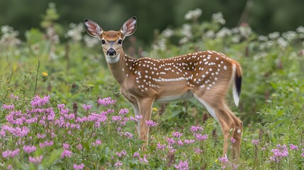 A young spotted deer stands gracefully among vibrant wildflowers.
