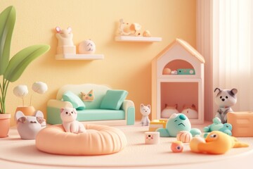 A cozy playroom filled with cute animal figurines and soft furnishings in pastel colors.