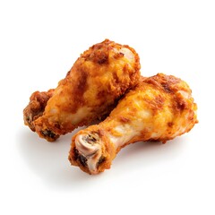 Juicy crispy fried chicken drumstick isolated on a clean bright white background  This photograph is perfect for product images packaging designs or food related media