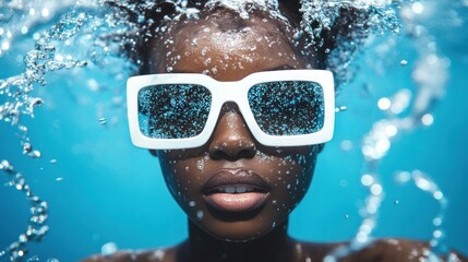 Fototapeta premium Glasses-wearing submerged person amidst splashing water