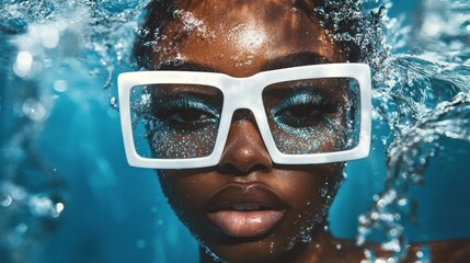 Fototapeta premium Person with white headphones underwater, water splashes.