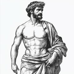 Obraz premium Classical black and white illustration of a Roman warrior wearing a laurel wreath and draped garment