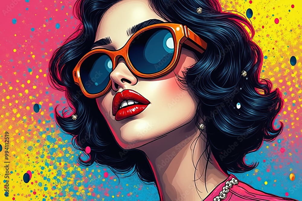 Canvas Prints Vibrant pop art portrait of stylish woman with sunglasses for modern decor.