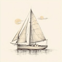 Fototapeta premium Hand drawn illustration of a sailboat with full sails on calm waters at sunset in a vintage style