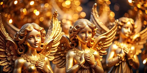 Fototapeta premium Elegant gold angels with intricate designs and shimmering accents for festive and decorative themes