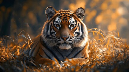 Majestic Bengal tiger resting in a serene environment, showcasing its striking features.