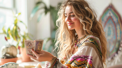 cute young woman plays solitaire tarot cards.