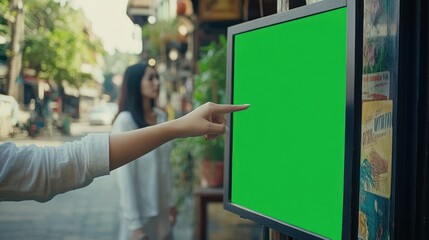 Obraz premium Hand pointing at green signboard on public street